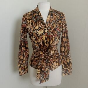 Jones New York Size Small Warm Tones Paisley Center Front Wrap Long Sleeve Top